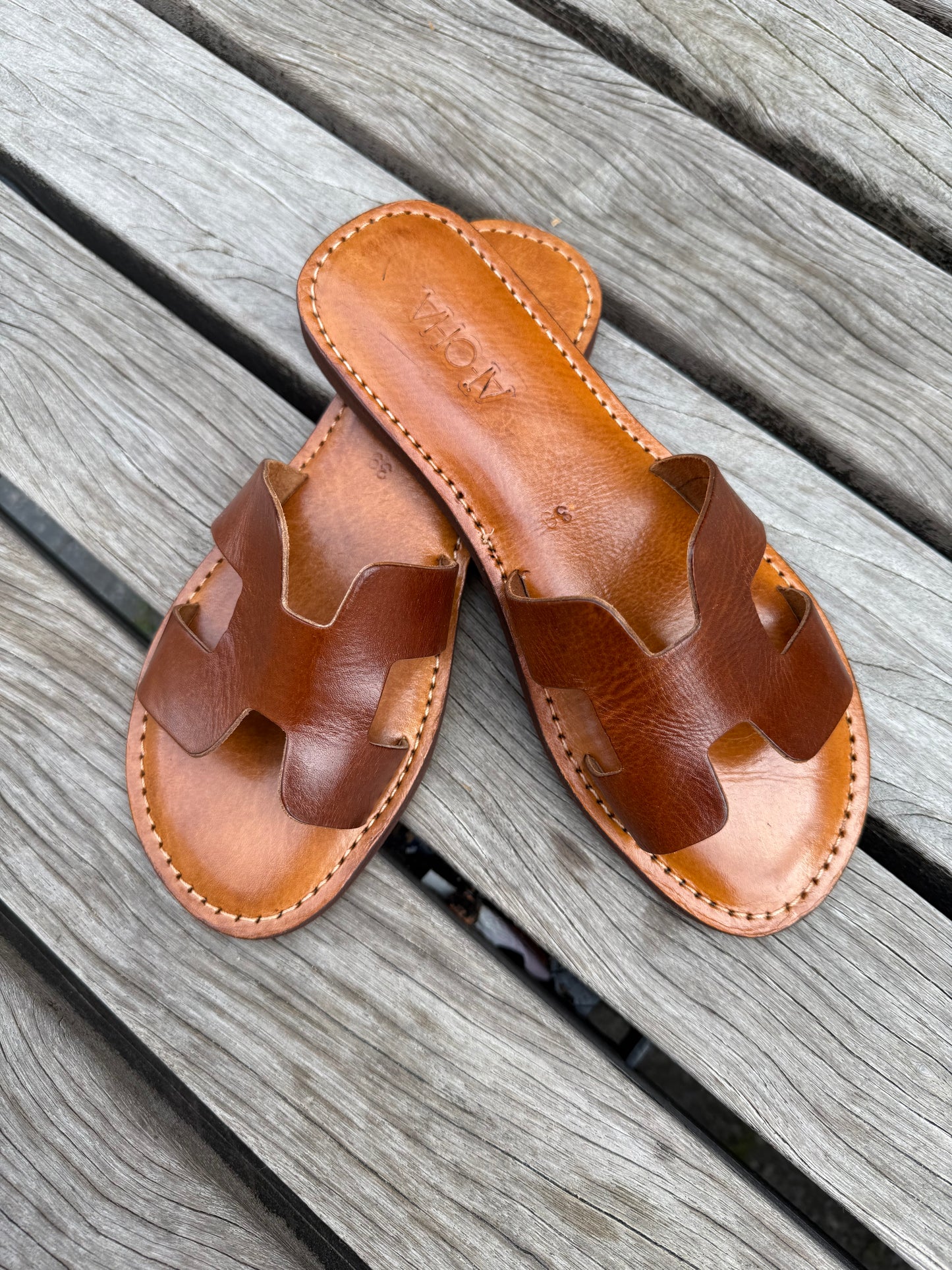Handmade leather sandals dark cognac