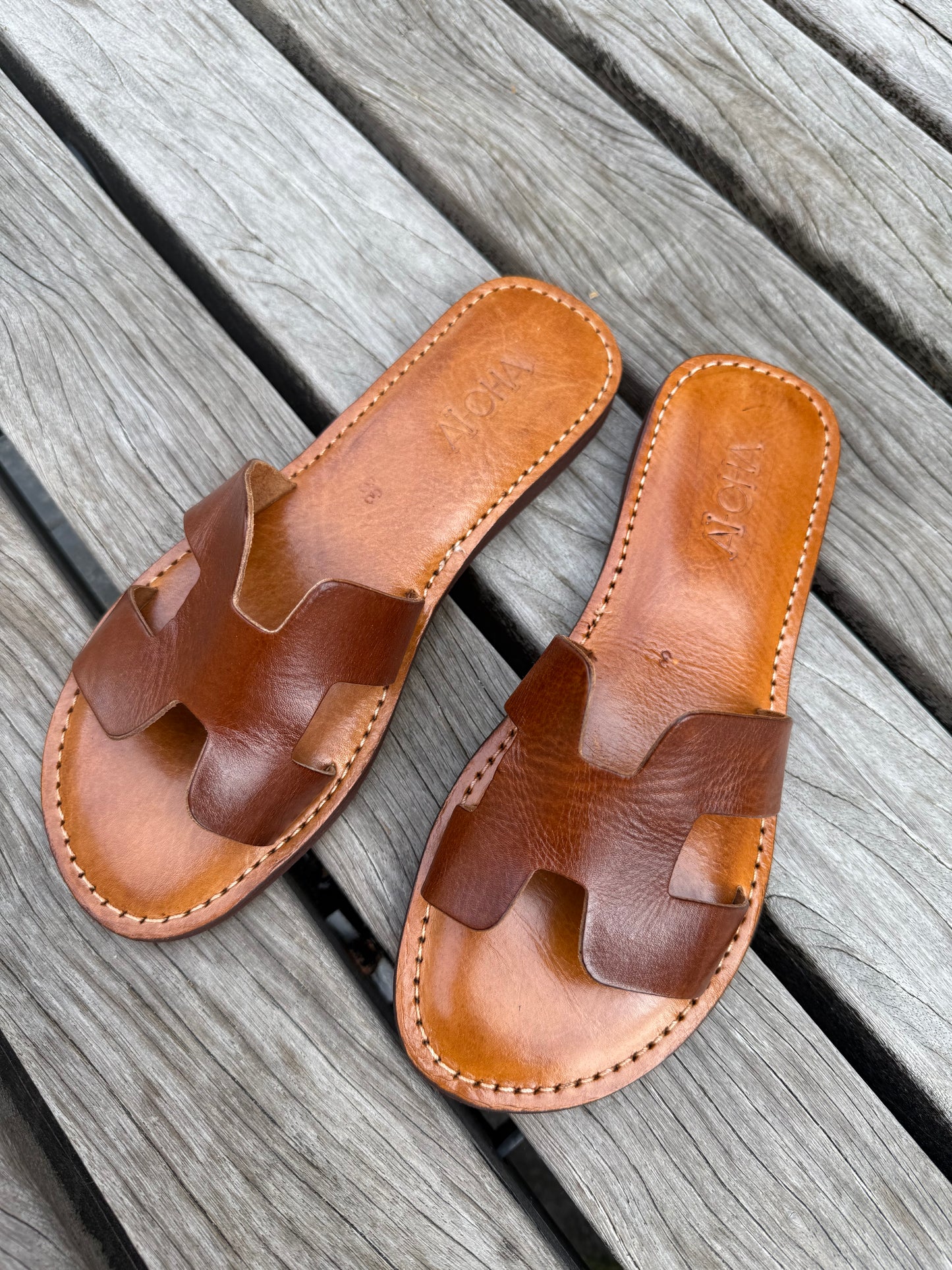 Handmade leather sandals dark cognac