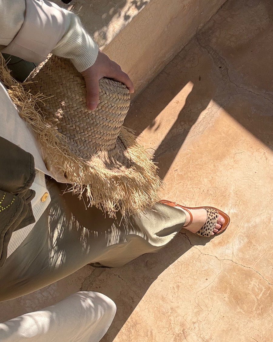 Handmade leather sandals with animal print