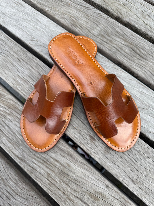 Handmade leather sandals dark cognac